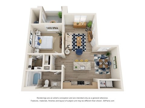 Floor plan for 1 bed, 1 bath, 738 sqft